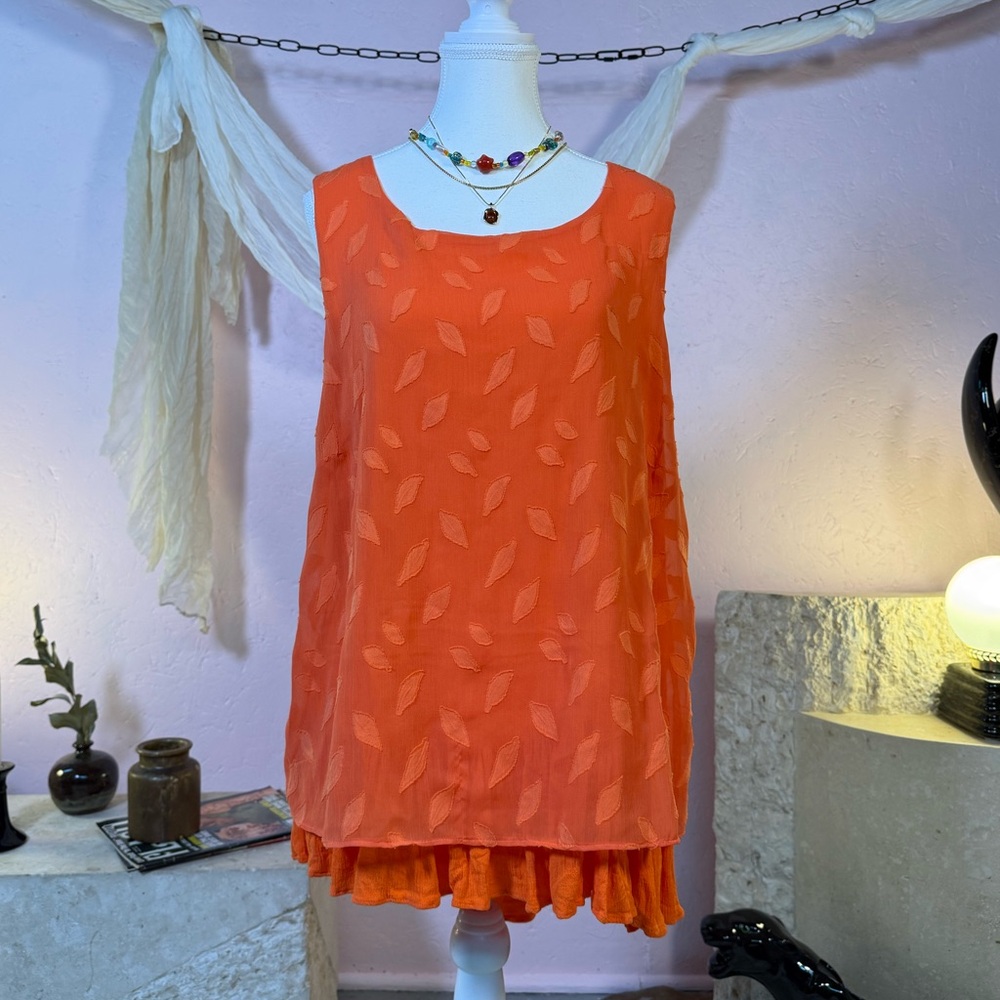 Orange Boho Layered Tunic Dress w/ Lace-Up Back — Size Large